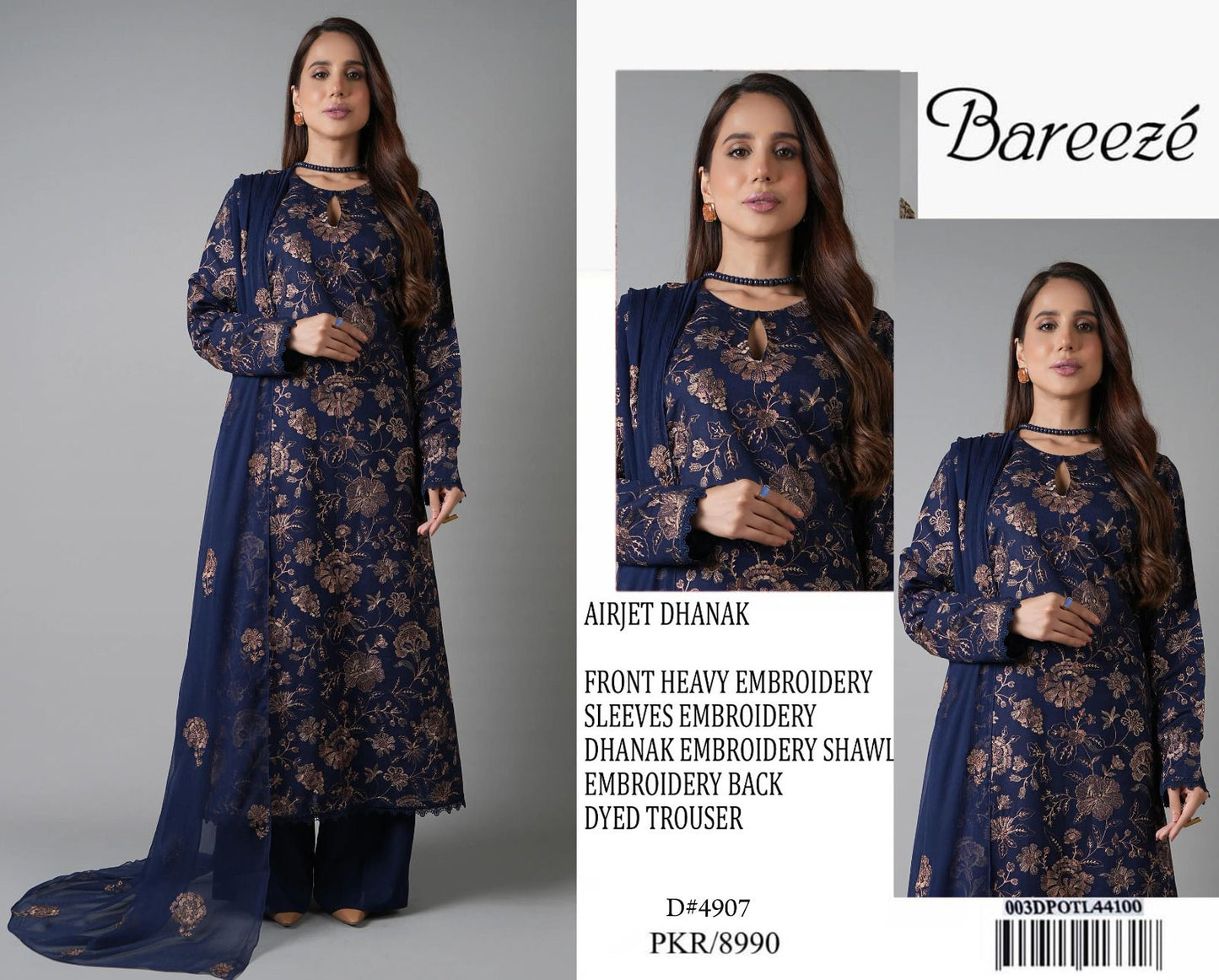 BAREEZE  3-PIECE DHANAK EMBROIDERED SUIT